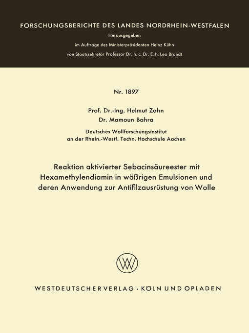 Cover image for Reaktion aktivierter Sebacinsäureester mit Hexamethylendiamin in wäßrigen Emulsionen und deren Anwendung zur Antifilzausrüstung von Wolle